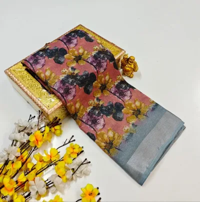 All-Over Floral Print with Leaf Motifs Soft Linen-Cotton Saree